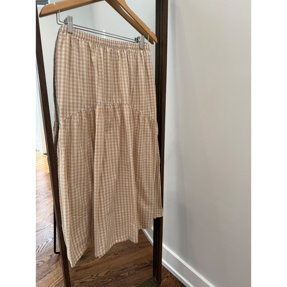 Old Navy Dresses & Skirts - Old Navy Womens Gingham Tiered Midi Skirt Tan White Elastic Waist Pockets Size M